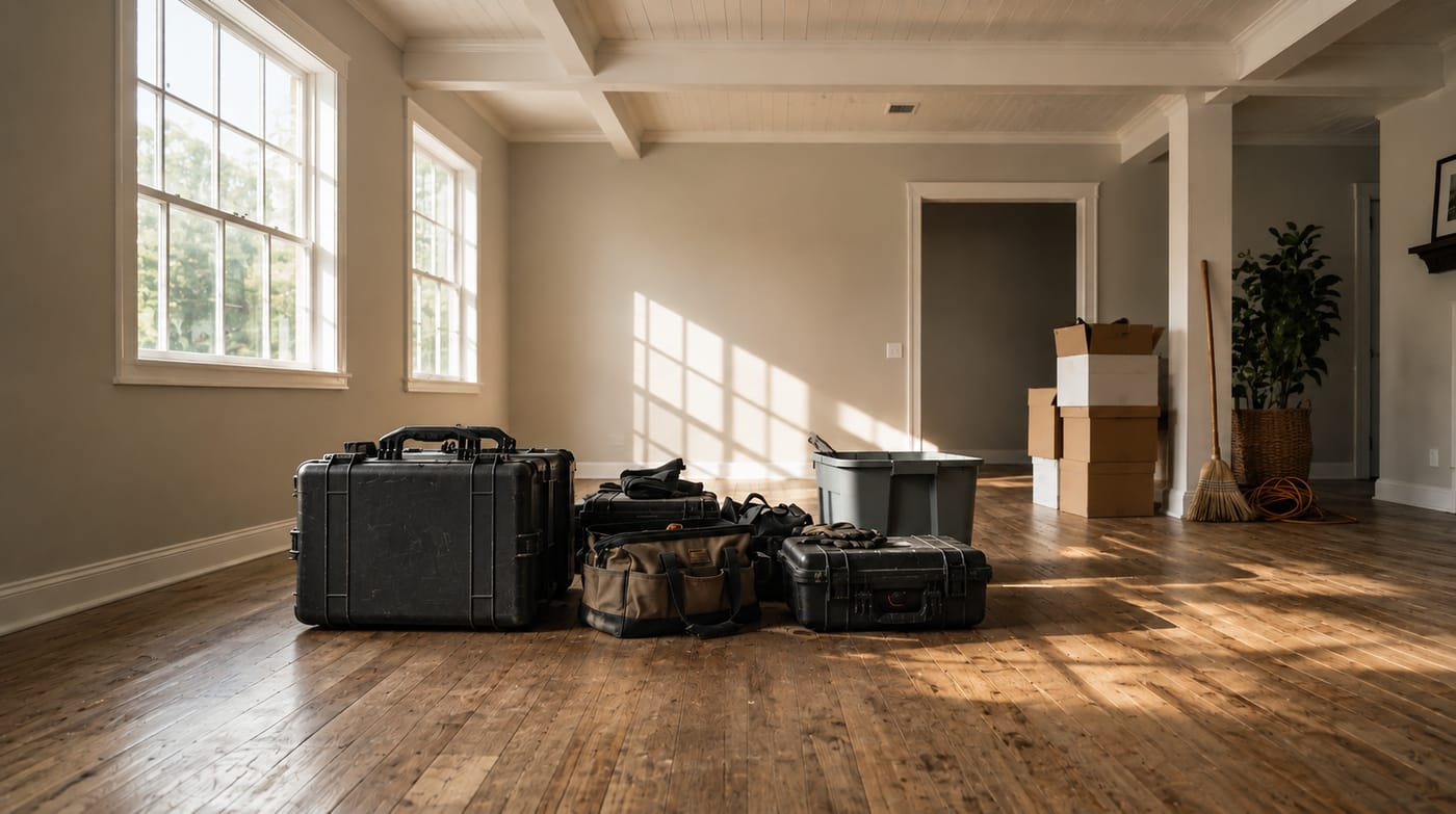 A cleared room after a full house cleanout, floor swept and belongings removed